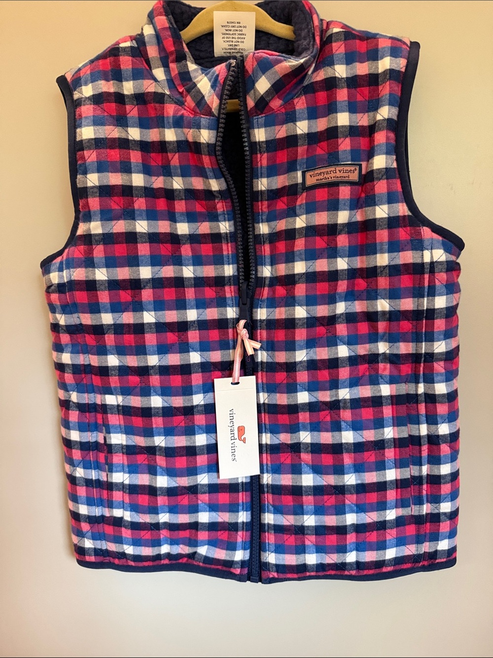 Vineyard Vines Reversible Pink, Blue & White Plaid Quilted Kids Vest